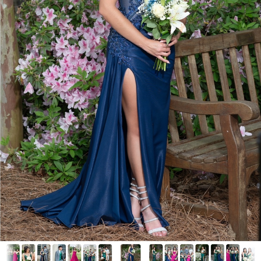 LaDivine Strapless Midnight Blue Gown with Embellished Bodice - Picture 4 of 5